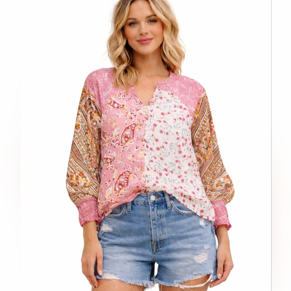 Boho Patchwork Blouse S  Floral Paisley Viscose Long Sleeve Ruffle Neck Peasant
